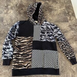Michael Kors Patchwork Leopard Camo MK Logo Hoodie XS Animal Print Multi Pattern